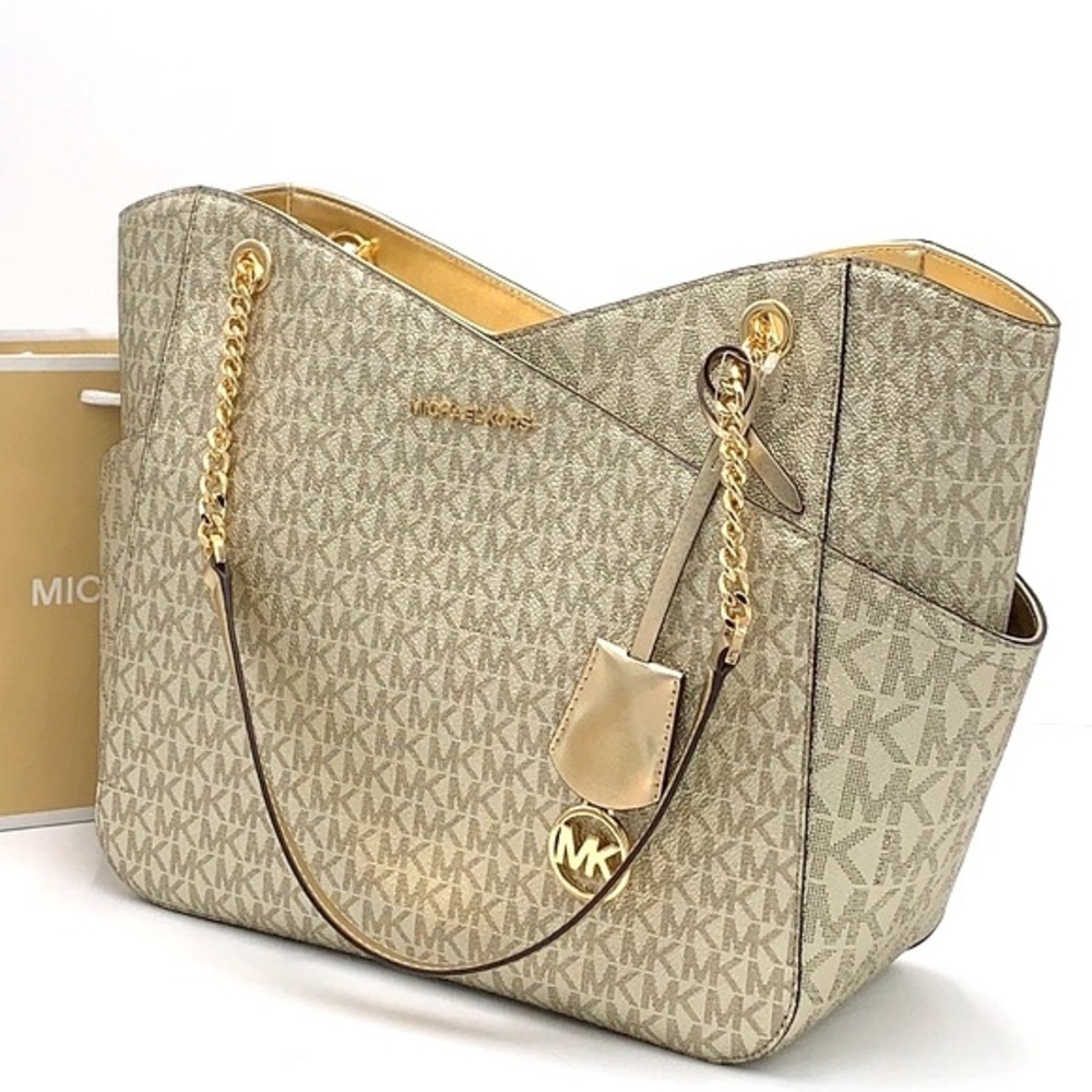 MICHAEL KORS LARGE X CHAIN SHOULDER TOTE BAG PALE GOLD SIGNATURE NWT